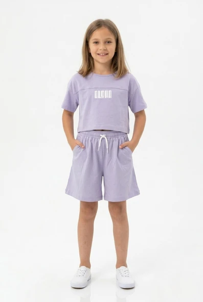 Toontoy Kız Çocuk 2'li Takım Baskılı Bisiklet Yaka T-Shirt & Beli Lastikli Cepli Şort ürün görseli 1