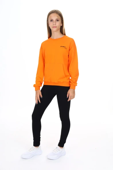 Toontoy Kız Çocuk 2'li Takım Baskılı Bisiklet Yaka Düşük Omuz Cepli Sweatshirt & Basic Düz Tayt ürün görseli 1