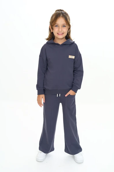 Toontoy Kız Çocuk 2'li Takım Baskılı Kapüşonlu Sweatshirt & Beli Lastikli Cepli Bol Paça Eşofman Altı 2 İplik ürün görseli 1