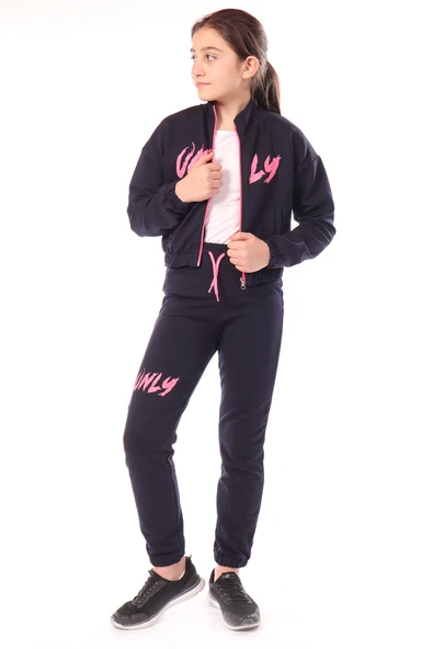 Toontoy Kız Çocuk 2'li Takım Baskılı Dik Yaka Fermuarlı Sweatshirt & Beli Paçası Lastikli Jogger Eşofman Altı - 2 İplik ürün görseli 1