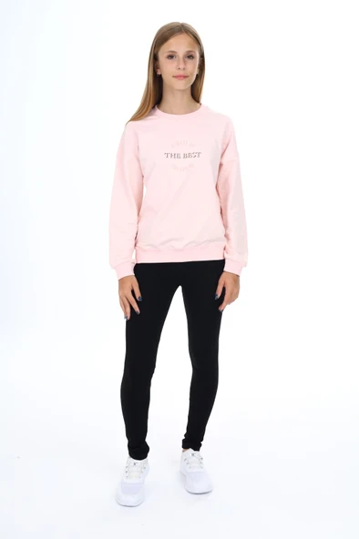 Toontoy Kız Çocuk 2'li Takım Baskılı Bisiklet Yaka Düşük Omuz Sweatshirt & Basic Düz Tayt ürün görseli 1