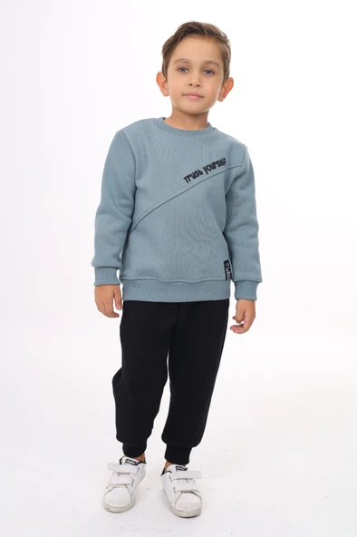 Toontoy Erkek Çocuk 2'li Takım Baskılı Bisiklet Yaka Asimetrik Sweatshirt & Beli Paçası Lastikli Cepli Jogger Eşofman Altı ürün görseli 1