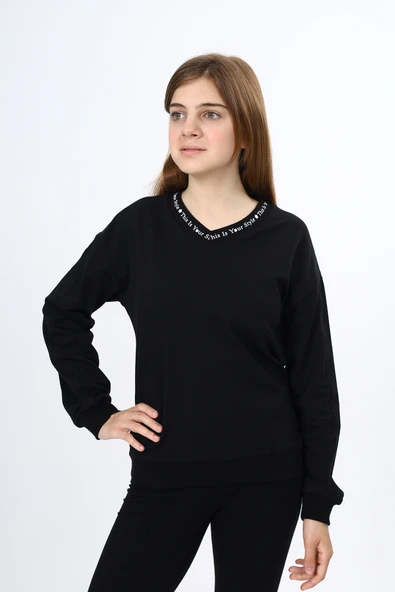 Toontoy Kız Çocuk Regular Fit V Yaka Düşük Omuz Baskılı Sweatshirt - 2 İplik ürün görseli 1