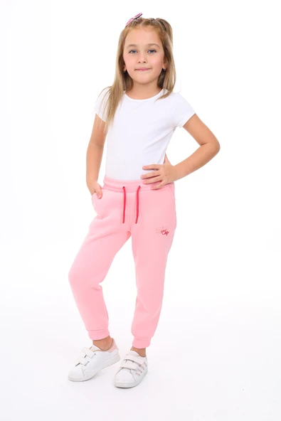 Toontoy  Kız Çocuk Nakış Baskılı Beli Paçası Lastikli Cepli Basic Jogger Eşofman Altı 3 İplik Şardonlu ürün görseli 1