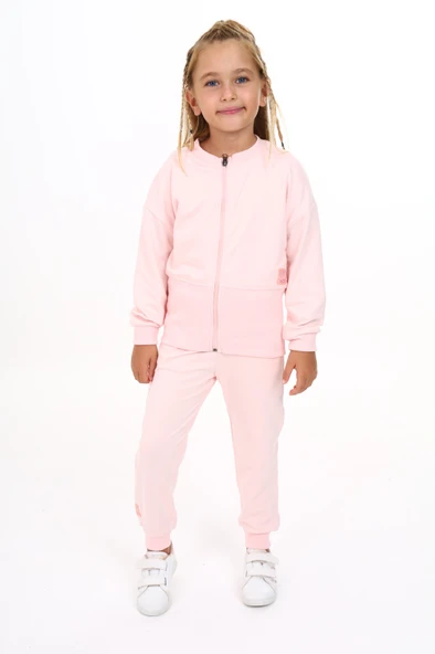 Toontoy Kız Çocuk 2'li Takım Baskılı Bisiklet Yaka Fermuarlı Ribanalı Sweatshirt & Beli Paçası Ribanalı Jogger Eşofman Altı - 2 İplik ürün görseli 1