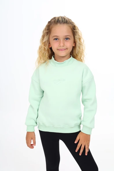 Toontoy Kız Çocuk Relax Fit Dik Yaka Düşük Omuz Nakış Baskılı Sweatshirt - 3 İplik Şardonlu ürün görseli 1