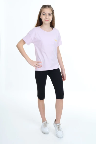 Toontoy Kız Çocuk 2'li Takım Baskılı Bisiklet Yaka T-Shirt & Basic Düz Crop Tayt ürün görseli 1
