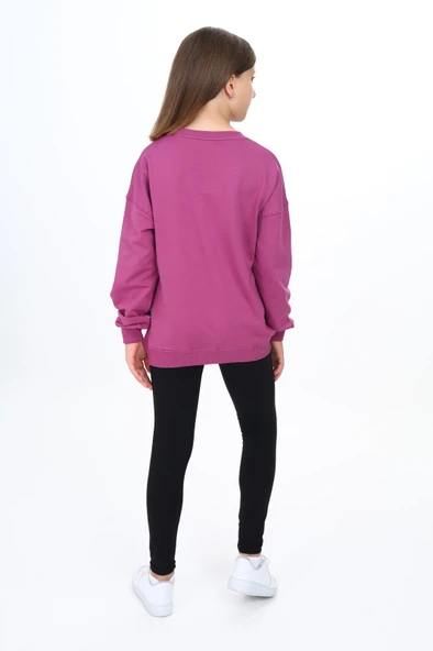 Toontoy Kız Çocuk 2'li Takım Baskılı Bisiklet Yaka Düşük Omuz Sweatshirt & Basic Düz Tayt ürün görseli 1