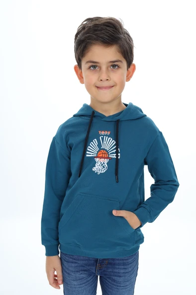 Toontoy Erkek Çocuk Relax Fit Kapüşonlu Cepli Hafif Düşük Omuz Baskılı Sweatshirt ürün görseli 1