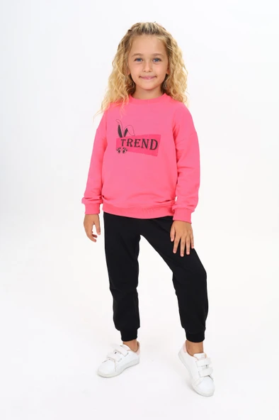 Toontoy Kız Çocuk 2'li Takım Baskılı Bisiklet Yaka Sweatshirt & Beli Paçası Lastikli Jogger Eşofman Altı 2 İplik ürün görseli 1