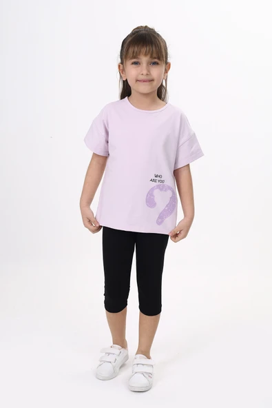 Toontoy Kız Çocuk 2'li Takım Baskılı Bisiklet Yaka T-Shirt & Beli Lastikli Crop Tayt ürün görseli 1