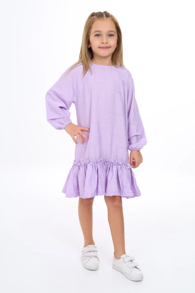 Toontoy Kız Çocuk Baskılı Relax Fit Bisiklet Yaka Reglan Uzun Kollu Volanlı Elbise - ürün görseli 1
