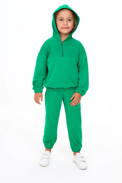 Toontoy Kız Çocuk 2'li Takım Kapüşonlu Fermuarlı Sweatshirt & Beli Paçası Lastikli Cepli Jogger Eşofman Altı - 2 İplik ürün görseli 1