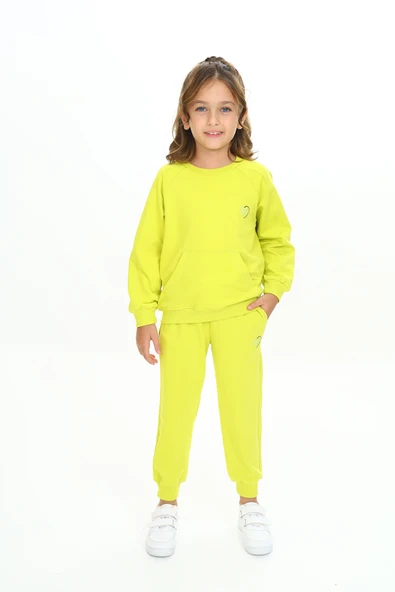 Toontoy Kız Çocuk 2'li Takım Nakış Baskılı Bisiklet Yaka Cepli Sweatshirt & Beli Paçası Lastikli Cepli Jogger Eşofman Altı - 2 İplik ürün görseli 1