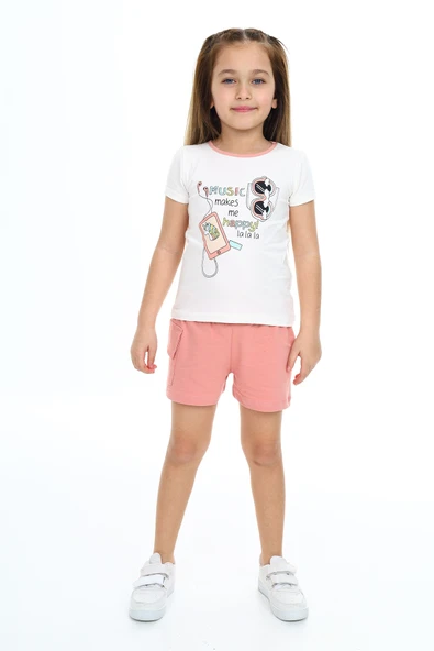 Toontoy Kız Çocuk 2'li Takım Baskılı Bisiklet Yaka T-Shirt & Beli Lastikli Tek Cepli Şort ürün görseli 1