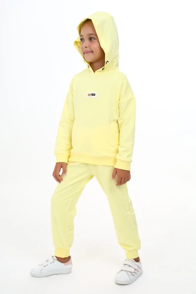 Toontoy Kız Çocuk 2'li Takım Baskılı Kapüşonlu Sweatshirt & Beli Paçası Lastikli Jogger Eşofman Altı - Garni Detaylı & 2 İplik ürün görseli 1