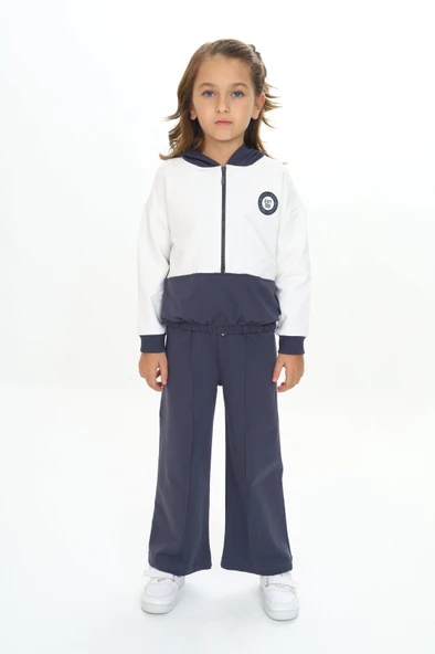 Toontoy Kız Çocuk 2'li Takım Baskılı Kapüşonlu Fermuarlı Sweatshirt & Beli Lastikli Bol Paça Eşofman Altı - Renk Bloklu & Nervürlü & 2 İplik ürün görseli 1