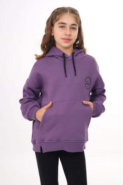 Toontoy Kız Çocuk Oversize Kapüşonlu Cepli Düşük Omuz Baskılı Yırtmaçlı Sweatshirt - 3 İplik Şardonlu ürün görseli 1