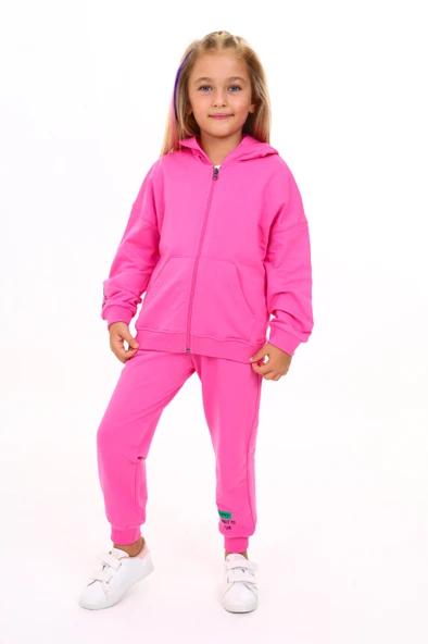 Toontoy Kız Çocuk 2'li Takım Baskılı Kapüşonlu Fermuarlı Cepli Sweatshirt & Beli Paçası Lastikli Jogger Eşofman Altı - 2 İplik ürün görseli 1
