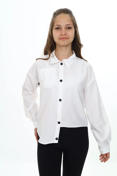 Toontoy Kız Çocuk Regular Fit Asimetrik Kalıp Düşük Omuz Uzun Kollu Basic Poplin Gömlek - Tek Cepli ürün görseli 1