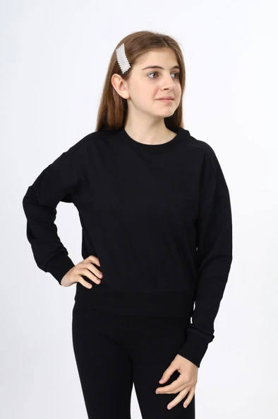Toontoy Kız Çocuk Relax Fit Bisiklet Yaka Düşük Omuz Sweatshirt - 2 iplik ürün görseli 1