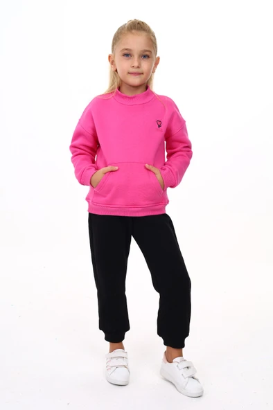 Toontoy Kız Çocuk 2'li Takım Nakış Baskılı Dik Yaka Cepli Sweatshirt & Beli Paçası Lastikli Jogger Eşofman Altı - Renk Bloklu & 3 İplik Şardonlu ürün görseli 1