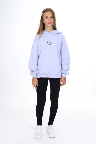 Toontoy Kız Çocuk 2'li Takım Baskılı Kapüşonlu Düşük Omuz Sweatshirt & Basic Düz Tayt ürün görseli 1