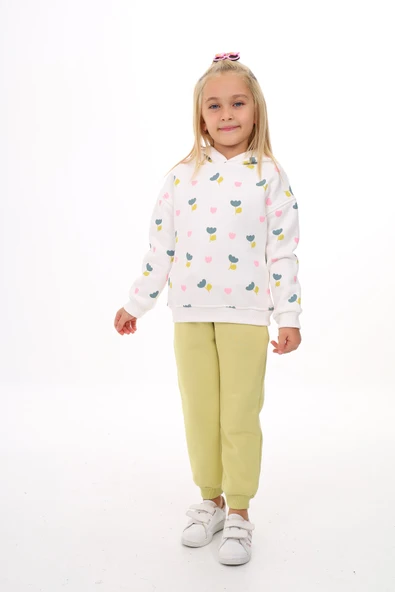 Toontoy Kız Çocuk 2'li Takım Baskılı Kapüşonlu Sweatshirt & Beli Paçası Lastikli Jogger Eşofman Altı - Renk Bloklu & 3 İplik Şardonlu ürün görseli 1