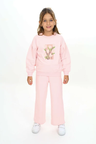 Toontoy Kız Çocuk 2'li Takım Baskılı Bisiklet Yaka Sweatshirt & Beli Lastikli Bol Paça Eşofman Altı - Garni Detaylı & 2 İplik ürün görseli 1