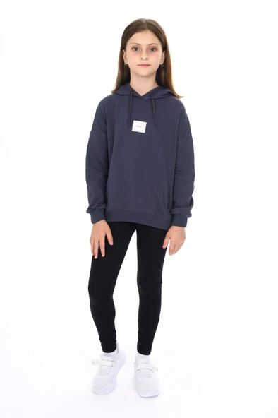 Toontoy Kız Çocuk 2'li Takım Baskılı Kapüşonlu Düşük Omuz Cepli Sweatshirt & Basic Düz Tayt ürün görseli 1