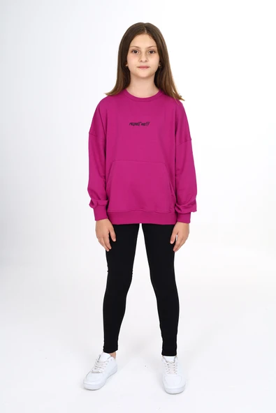 Toontoy Kız Çocuk 2'li Takım Baskılı Bisiklet Yaka Düşük Omuz Cepli Sweatshirt & Basic Düz Tayt ürün görseli 1