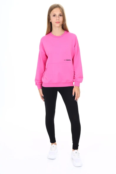 Toontoy Kız Çocuk 2'li Takım Baskılı Bisiklet Yaka Düşük Omuz Cepli Sweatshirt & Basic Düz Tayt ürün görseli 1
