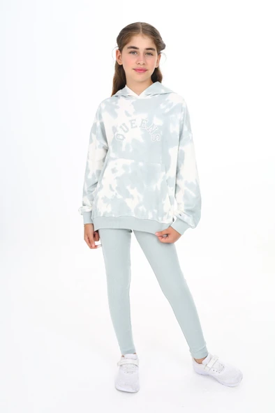 Toontoy Kız Çocuk 2'li Takım Baskılı Kapüşonlu Düşük Omuz Cepli Sweatshirt & Basic Düz Tayt ürün görseli 1