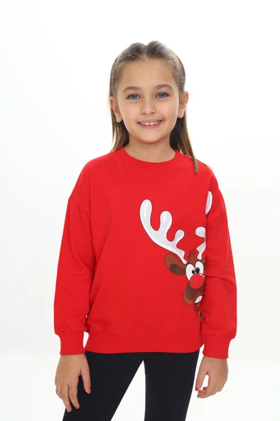 Toontoy Kız Çocuk Noel Baba Geyiği Baskılı Sweatshirt ürün görseli 1
