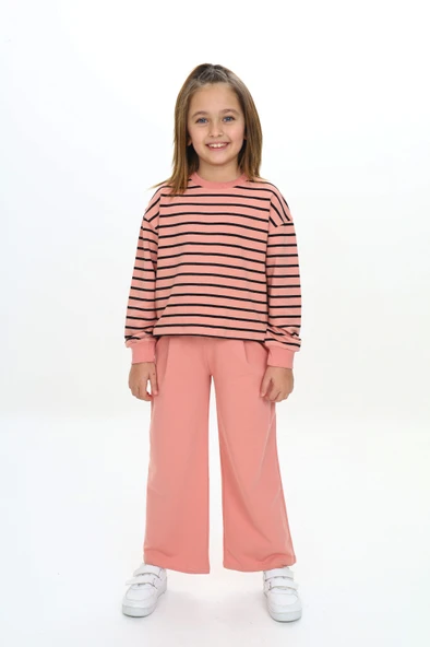 Toontoy Kız Çocuk 2'li Takım Çizgili Bisiklet Yaka Yırtmaçlı Sweatshirt & Beli Lastikli Bol Paça Eşofman Altı - 2 İplik ürün görseli 1