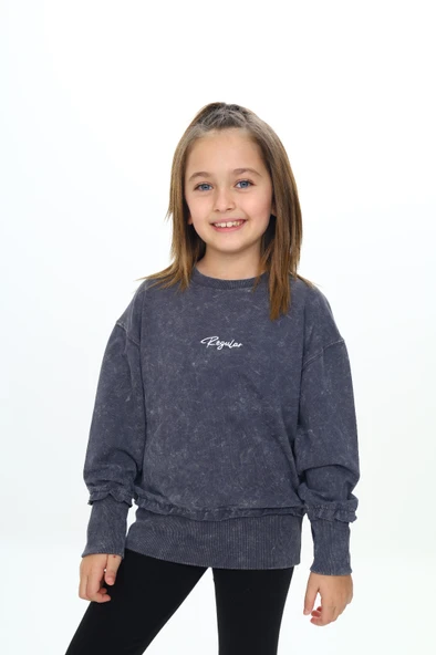 Toontoy Kız Çocuk Relax Fit Bisiklet Yaka Düşük Omuz Nakış Baskılı Sweatshirt - 2 İplik ürün görseli 1