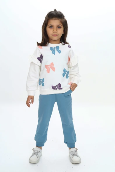 Toontoy Kız Çocuk 2'li Takım Baskılı Bisiklet Yaka Sweatshirt & Beli Lastikli Cepli Bol Paça Eşofman Altı - 2 İplik ürün görseli 1