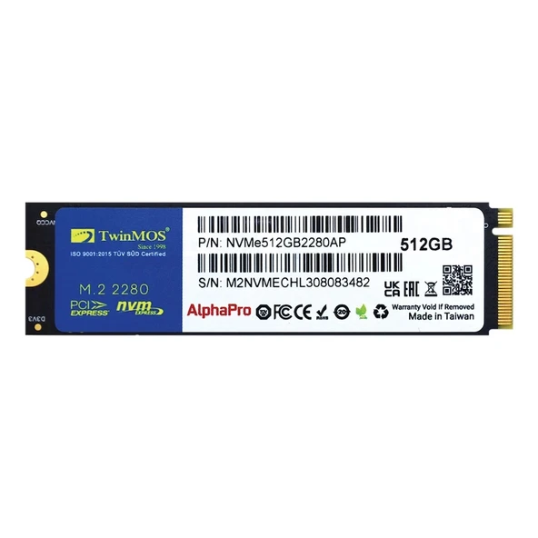TwinMOS 512GB M.2 PCIe Gen3 NVMe SSD (3600-3250Mb/s) TLC 3DNAND ürün görseli 1