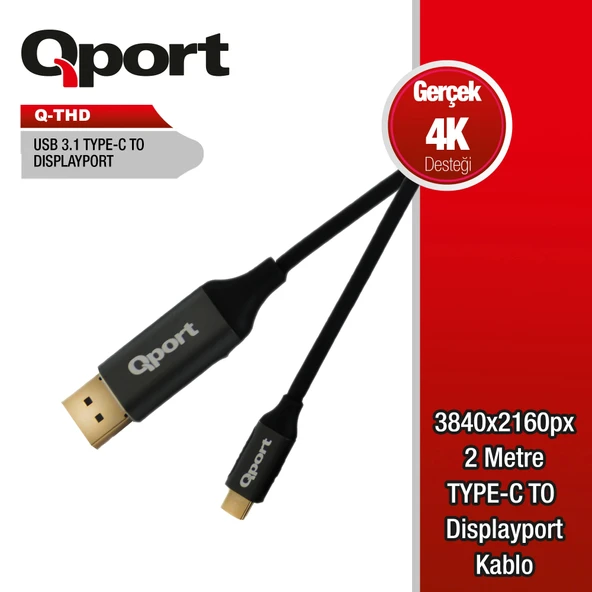 QPORT Q-THD TYPE-C TO DISPLAY PORT 4K 2MT CEVIRICI KABLO ürün görseli 1