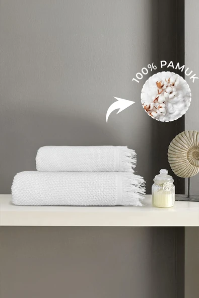 2'li Beyaz Jelena Havlu Seti %100 Pamuk  - 1 Adet El Havlusu 50x90 ve 1 Adet Banyo Havlusu 70x140 ürün görseli 1