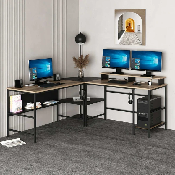 Minar Greta Köşe Masa Set (Led Işıklı) - Dore-Siyah - Resim 2
