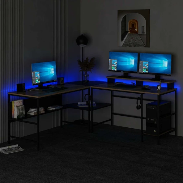 Minar Greta Köşe Masa Set (Led Işıklı) - Dore-Siyah - Resim 5