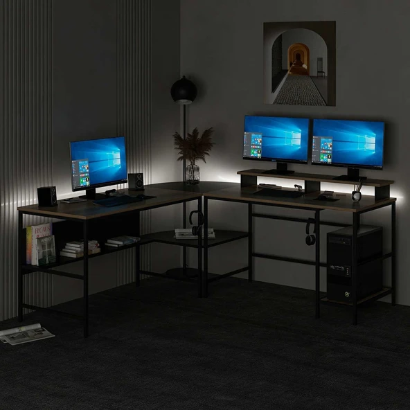 Minar Greta Köşe Masa Set (Led Işıklı) - Dore-Siyah ürün görseli 1