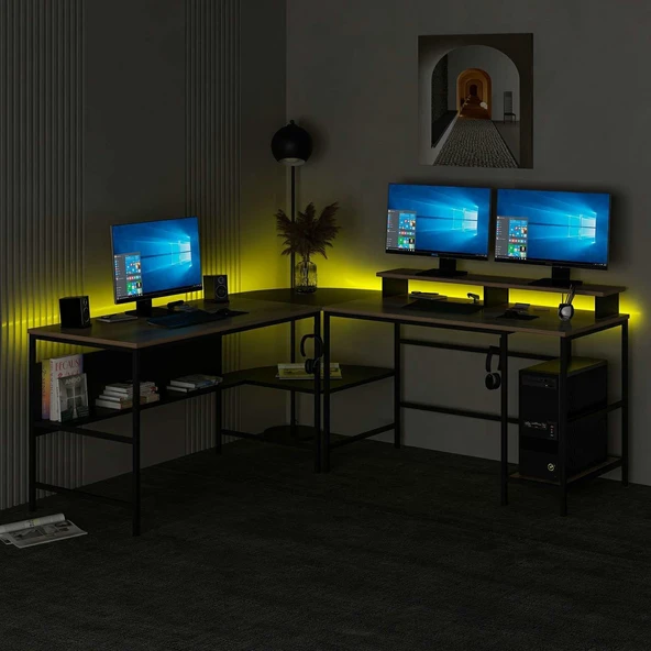 Minar Greta Köşe Masa Set (Led Işıklı) - Dore-Siyah - Resim 6