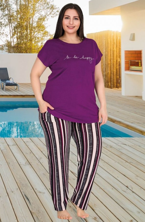 Hayal Sepeti Mor Kısa Kollu Cepli Çizgili Büyük Beden Kadın Pijama Takımı 10778 ürün görseli 1