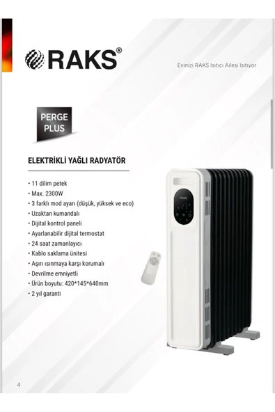 RAKS Elektrikli Yağlı Radyatör Perg. Plus 2300 Watt Kumandalı ürün görseli 1