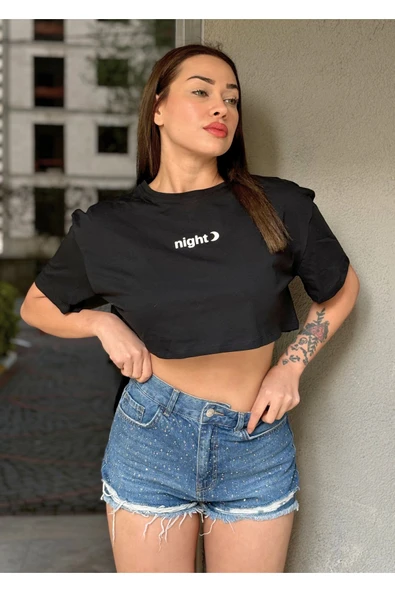 Kadın Bisiklet Yaka Baskılı Oversize Crop T-shirt ürün görseli 1
