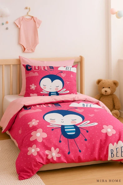 Dijital Baskılı 3d Pamuklu Yenidoğan Bebek Nevresim Takımı Cute Bee Pink ürün görseli 1