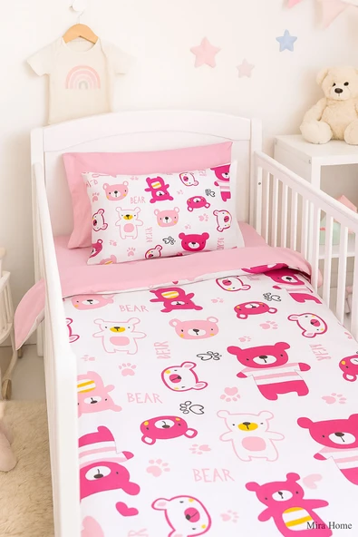 Dijital Baskılı 3d Pamuklu Yenidoğan Bebek Nevresim Takımı Bear Toy Pink ürün görseli 1