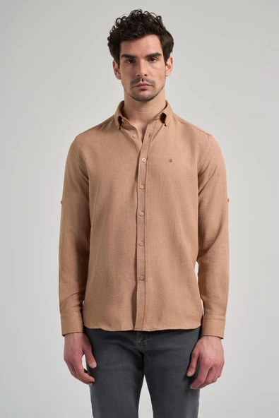 Camel Kısalabilir Kol Düz Gabardin Düğmeli Yaka Cepsiz Casual Slim Fit Gömlek 1004250124 ürün görseli 1